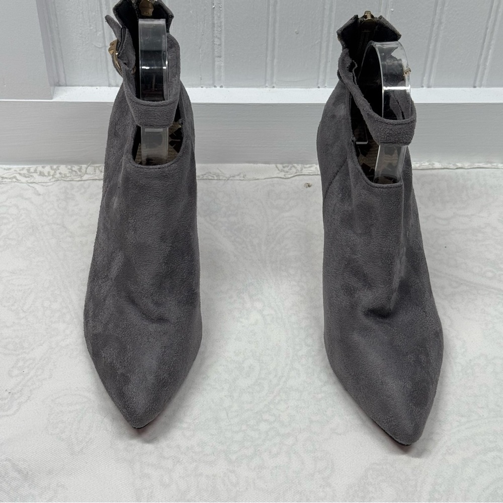 Gray high heel boots red bottom suede zipper back. Ankle strap date work sz 38